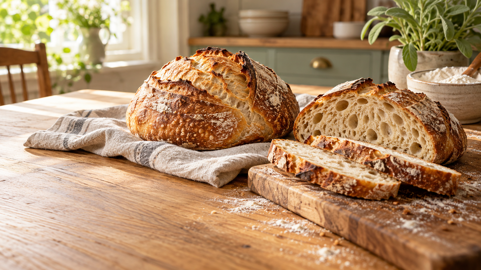 Golden sourdough bread in a welcoming home kitchen